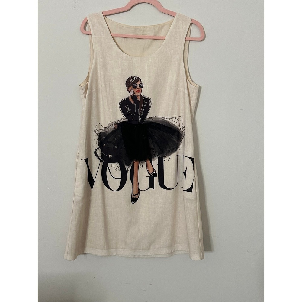 Favori Vogue Graphic Print Sleeveless Shift Dress Cream Tan EU 42 US Large